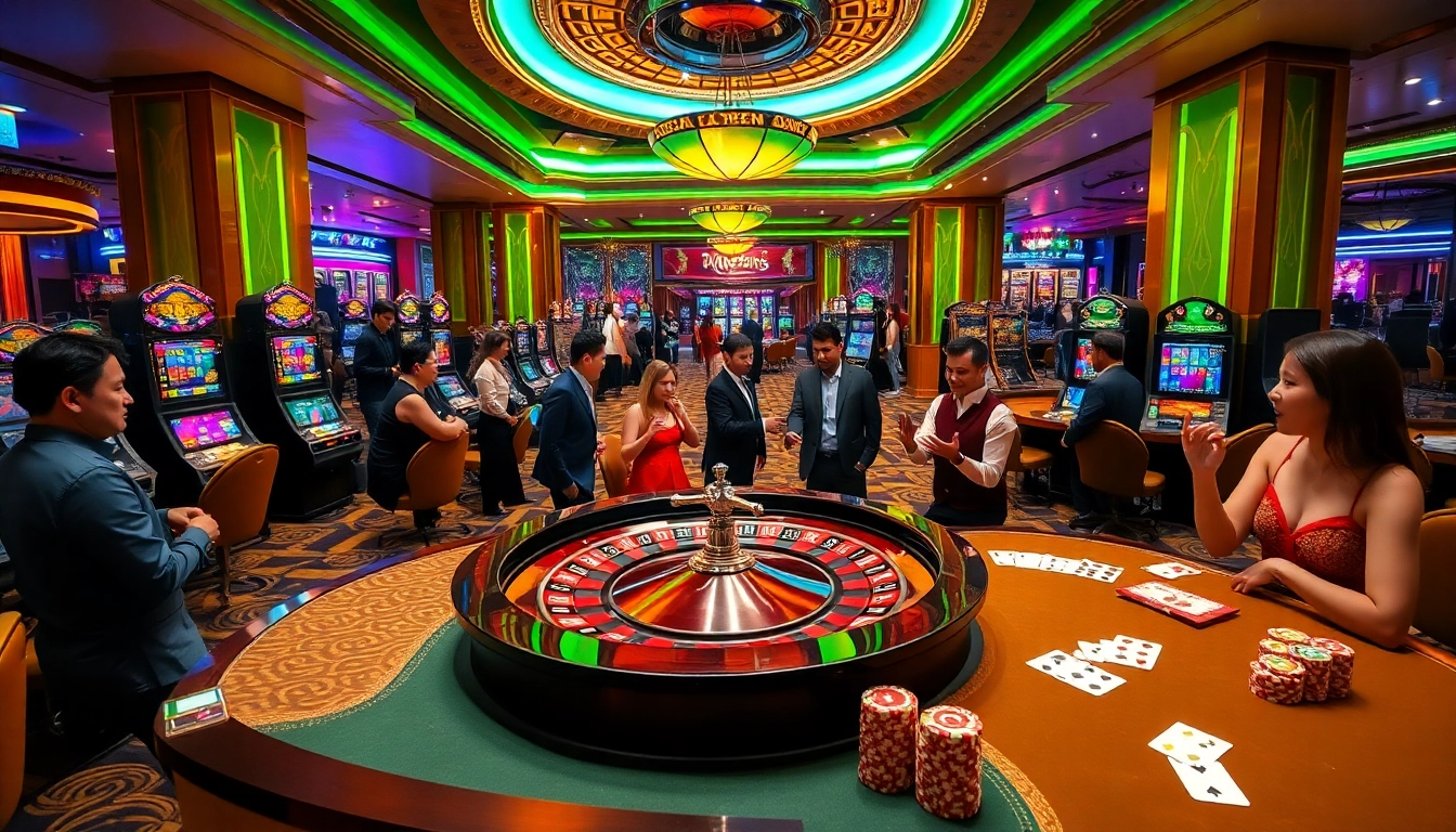 Engaging scene of gamblers playing at cm888 casino with roulette, slots, and poker tables.