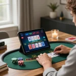vin88 player engaged in live blackjack at home with tablet and strategy books.