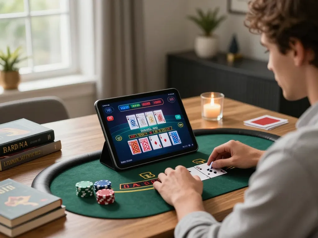 vin88 player engaged in live blackjack at home with tablet and strategy books.