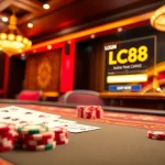 Engaging scene showcasing lc88 đăng nhập with casino elements like cards, chips, and a roulette wheel.