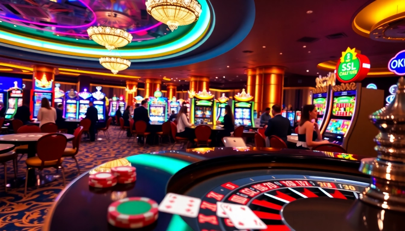 Players enjoying engaging games at https://okfun.jpn.com/ with vibrant slots and poker tables, showcasing excitement.