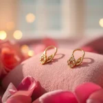Showcase Valentine’s Day gold cartilage earrings UK on soft velvet, surrounded by rose petals