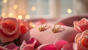 Showcase Valentine’s Day gold cartilage earrings UK on soft velvet, surrounded by rose petals