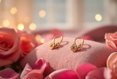 Showcase Valentine’s Day gold cartilage earrings UK on soft velvet, surrounded by rose petals