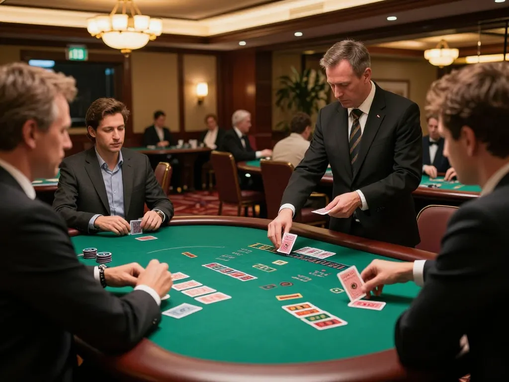 1gom players enjoying an exciting blackjack game in a luxurious casino atmosphere with vibrant decor.