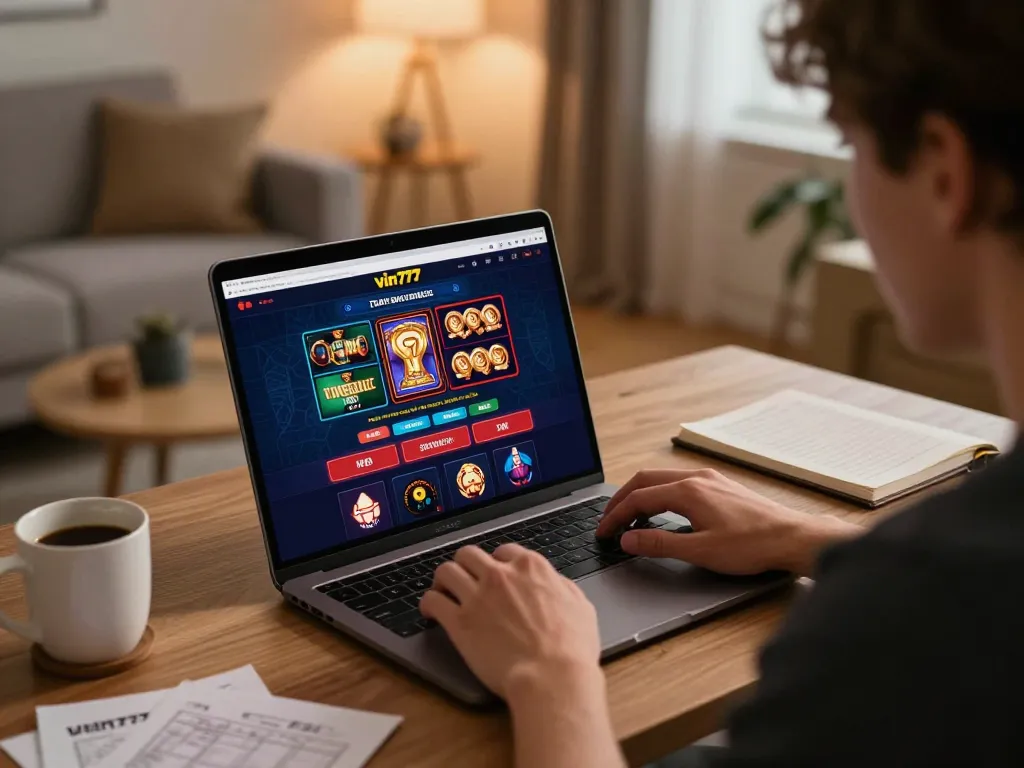 Playing on vin777 online casino with a laptop in a cozy setting, showcasing winning gameplay.