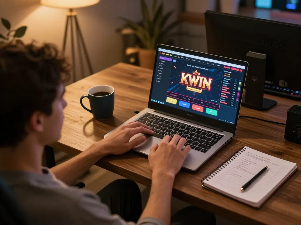 KWIN gaming session at home, showcasing a player engaged with online casino interface and strategy notes.