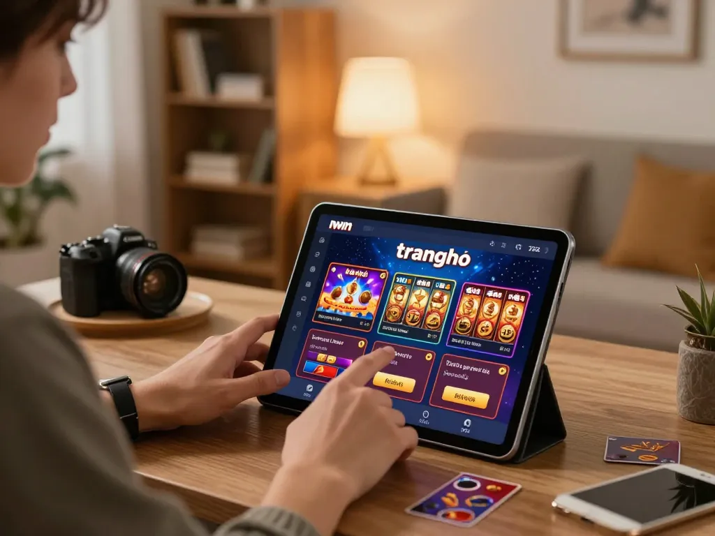 Engaging online gaming session on trang chủ IWIN app, showcasing slots and poker on a tablet.