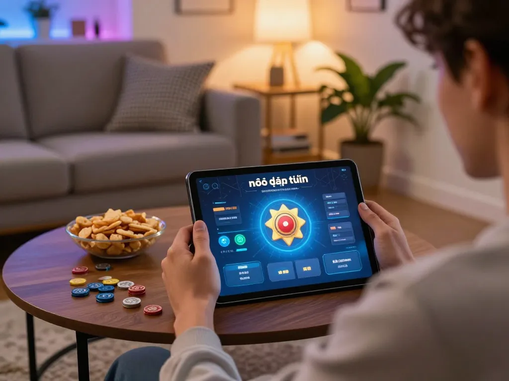Engaging in nổ hũ đổi thưởng while playing on a tablet, showcasing a cozy home gaming setup.