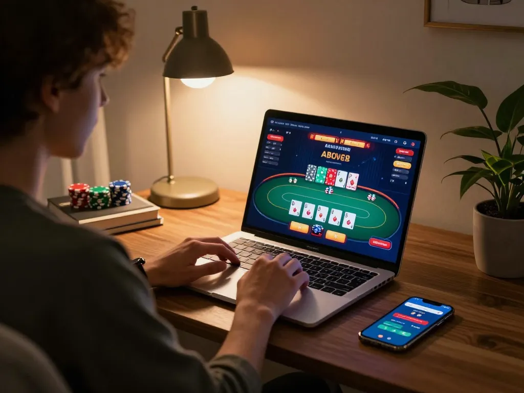 Engaging in strategic online gaming at bbl5555 with laptop displaying poker interface.