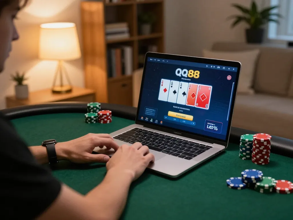 Engaging in an online poker game at QQ88, showcasing vibrant gameplay interface and cozy atmosphere