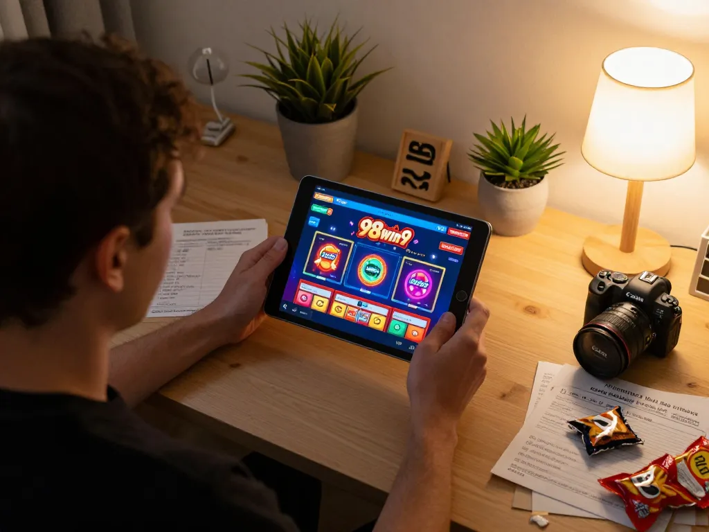 Engaging online gameplay on 98win9 platform with tablet and strategy notes.