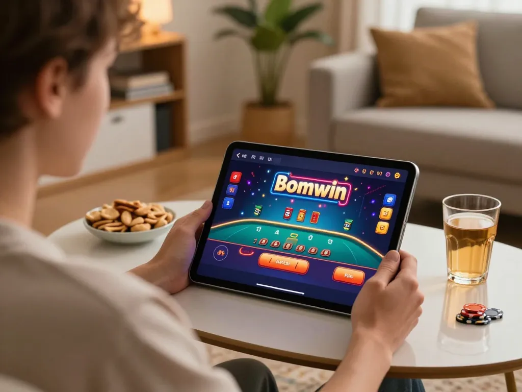 Player enjoying a Bomwin online gaming session, focusing on strategy and excitement at home.