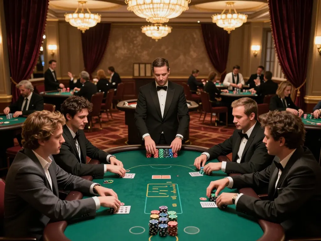 Players enjoying a high-stakes poker game at EV99 casino, showcasing engaged expressions and colorful chips.
