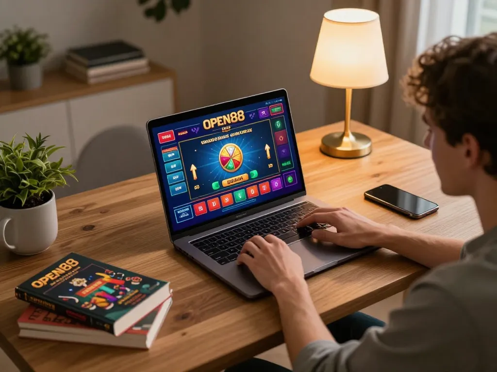 Engage in online gambling with open88, featuring a person playing on their laptop in a cozy home setup.