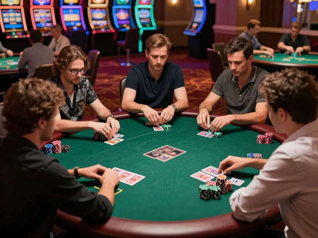 Players engaging in a strategic poker game at LV88 casino, showcasing excitement and luxury.