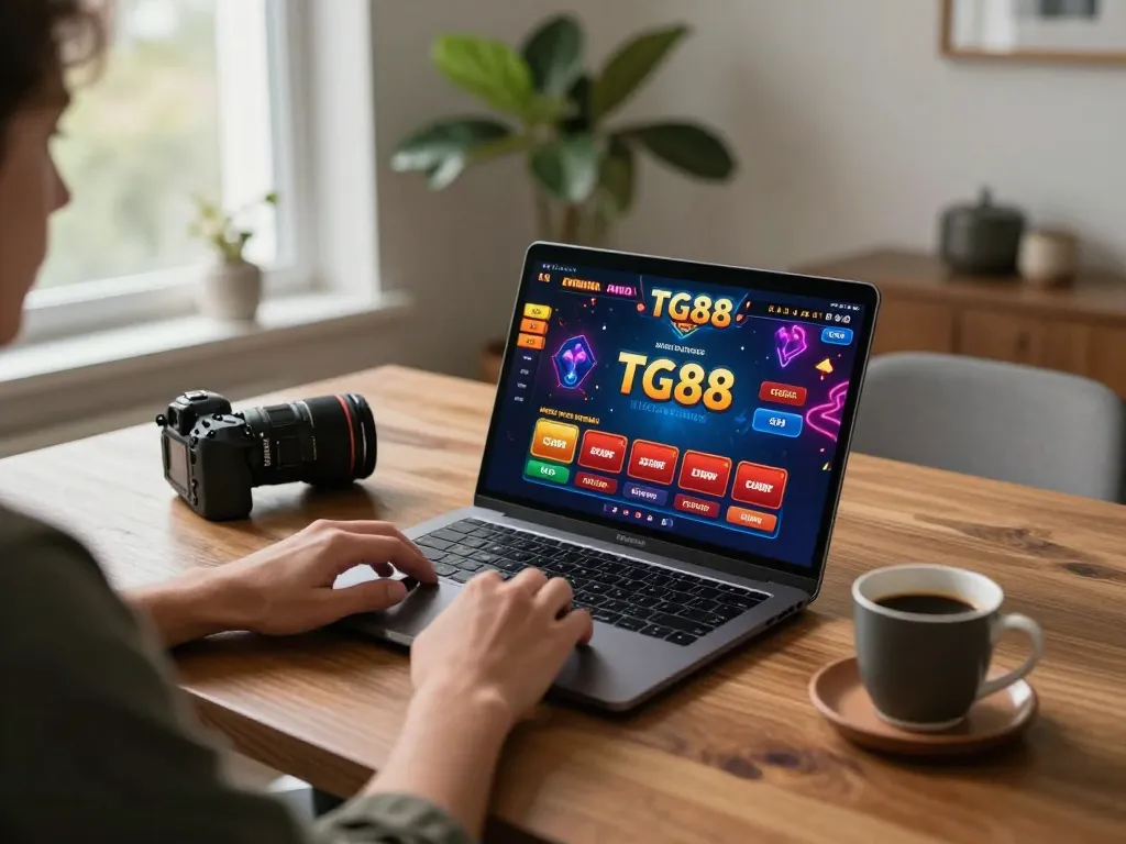 Engaging with TG88 casino games on a laptop at home, showcasing vibrant gameplay and a comfortable environment.