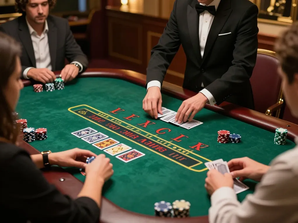 MB88 players strategically placing bets on a blackjack table under warm lights, capturing the thrill of casino action.