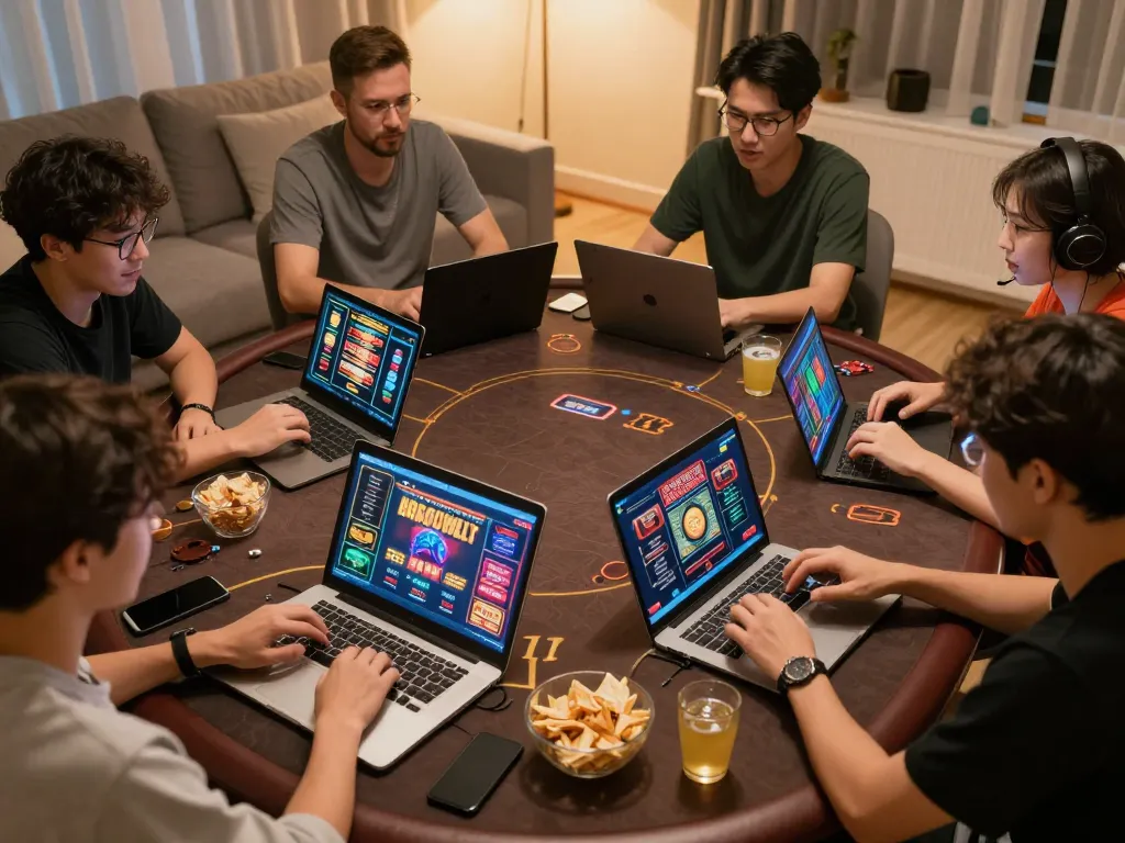 Players engaging in thrilling online gaming at G28 with laptops and snacks in a lively atmosphere.