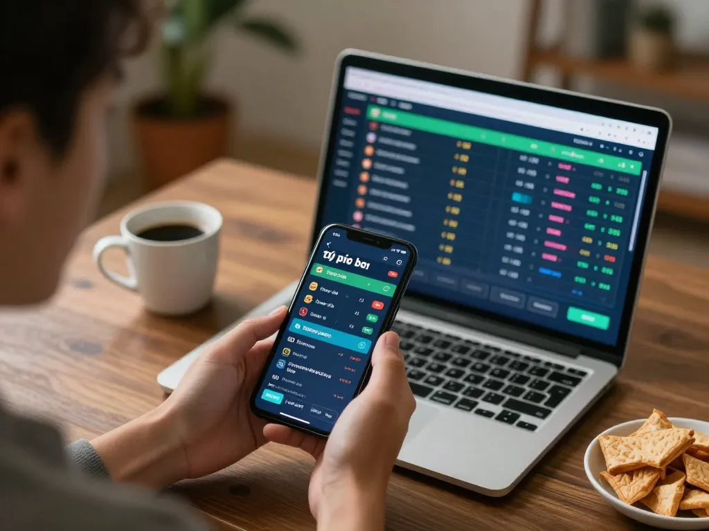Engaging in tỷ lệ kèo bóng đá betting strategy while using mobile and laptop devices in a cozy home setting