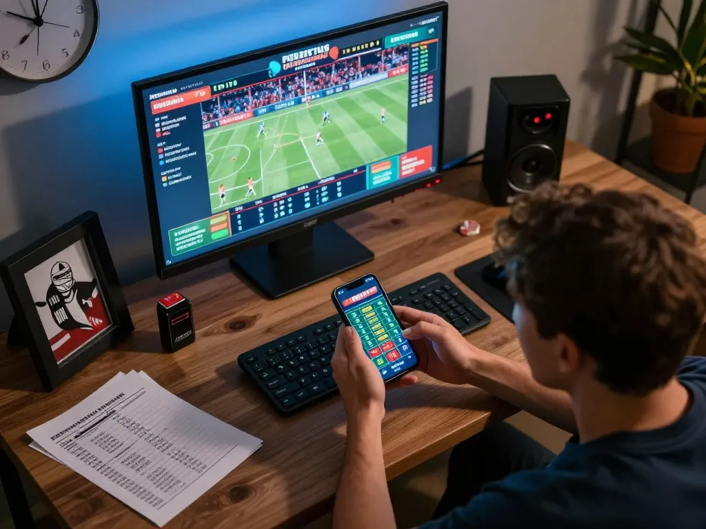 Engaged user betting on NK88's sports app in a modern home setting with excitement.
