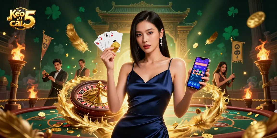 Explore Kèo nhà cái 5 with a stunning casino scene featuring a confident woman, roulette wheel, and gaming tokens.