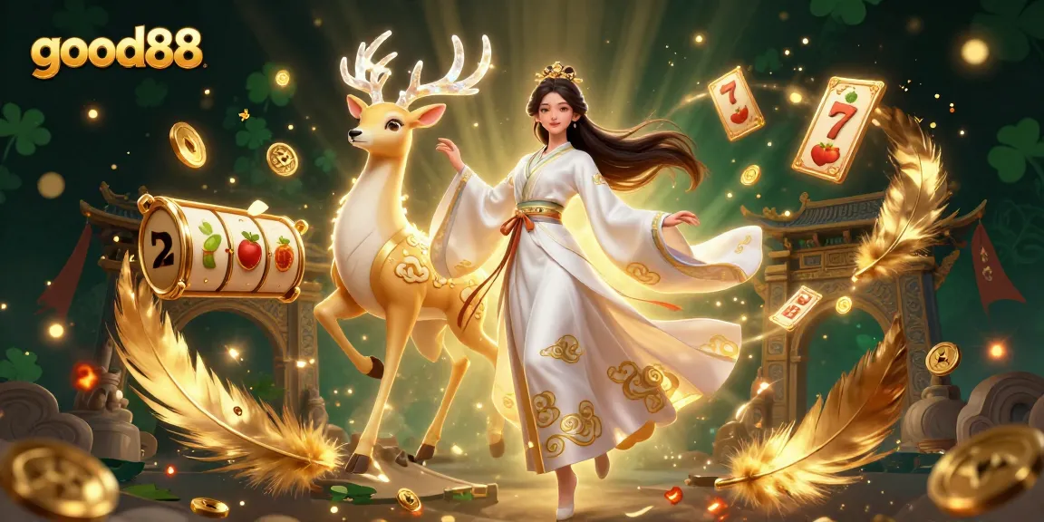 Engage with good88's vibrant casino scene showcasing a 3D illustration of a floating Asian woman with game elements.