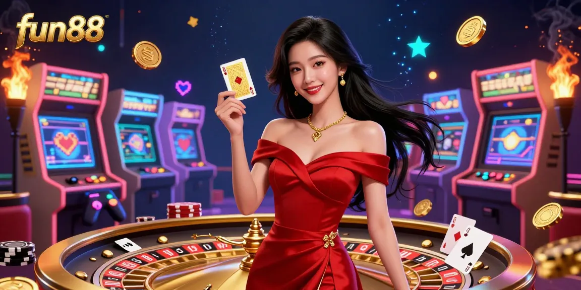 Enjoy thrilling moments at fun88 with a stunning woman holding a golden card beside a roulette wheel.