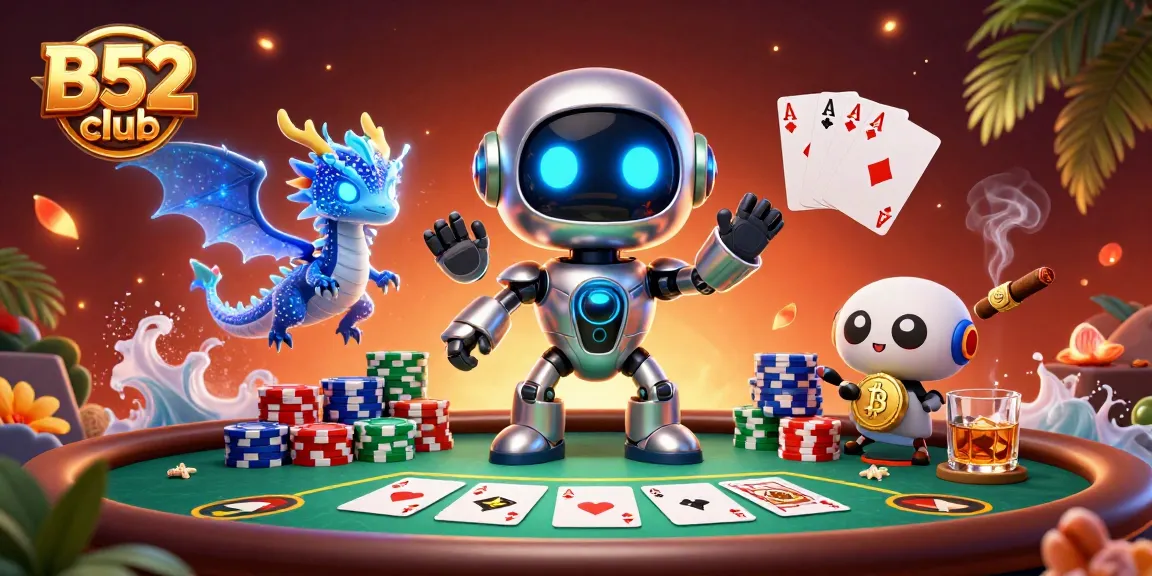 B52 club casino scene showcasing a chrome robot, AI dragon, and drone assistant amidst poker elements.