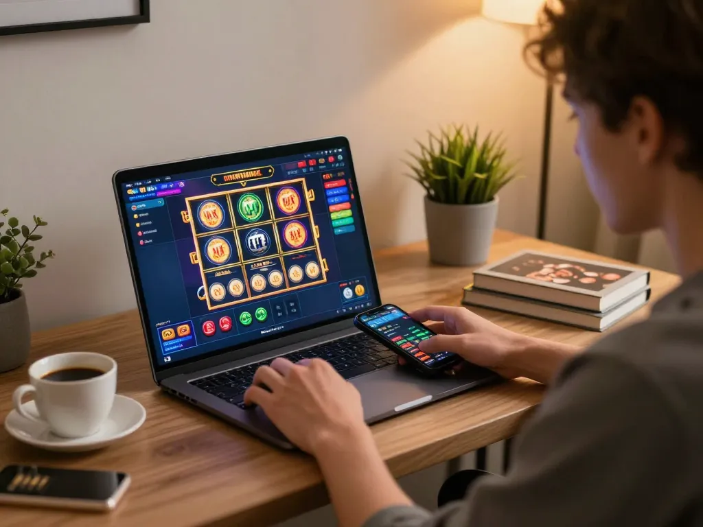 Engaged player exploring link cm88 mới nhất on laptop for online casino gaming experience