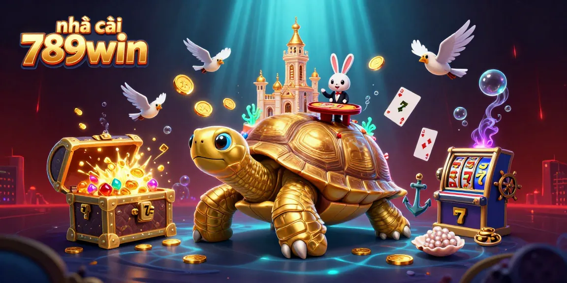 Experience the excitement of nhà cái 789win with a vivid 3D casino scene featuring a golden tortoise and a rabbit dealer.