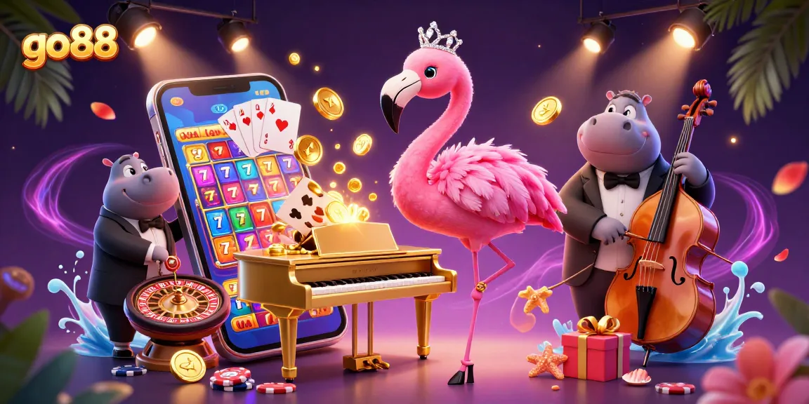 Experience the thrill at go88 with a vibrant scene of animated casino characters and exciting slot games.