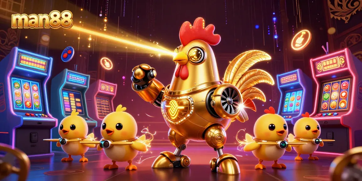 Engage with man88's vibrant 3D casino adventure featuring a golden robot and baby chick drones in action.