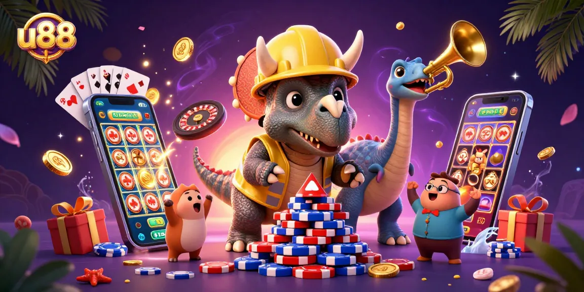 Join the excitement at u88 as a triceratops builds poker chip towers amidst cheering dinosaurs.