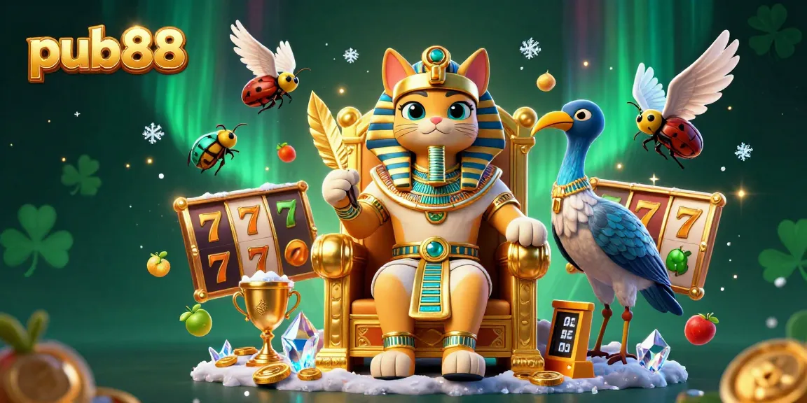 Experience the thrill of pub88 with a dynamic casino scene featuring spinning slot reels and the pharaoh cat!