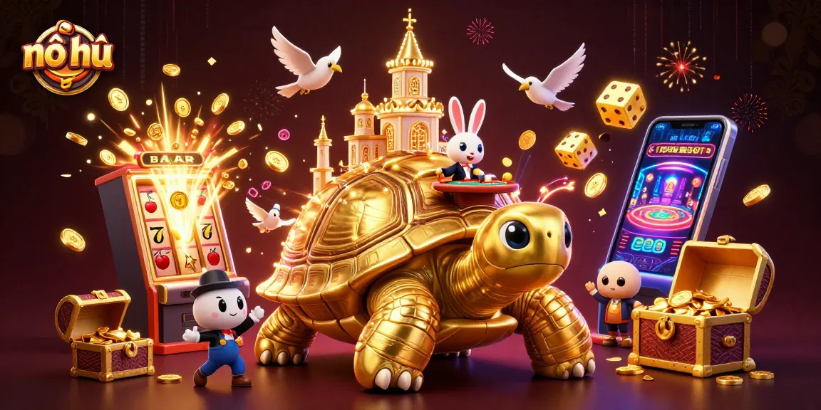 Spin to win at nổ hũ with a vibrant scene of a golden tortoise casino bursting with wins!