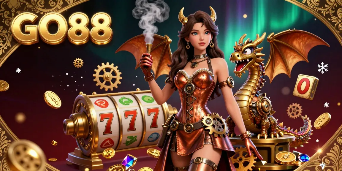 Experience the thrill of GO88 with a dazzling steampunk scene showcasing a lady and a clockwork dragon amidst jackpot games and sparkling coins.