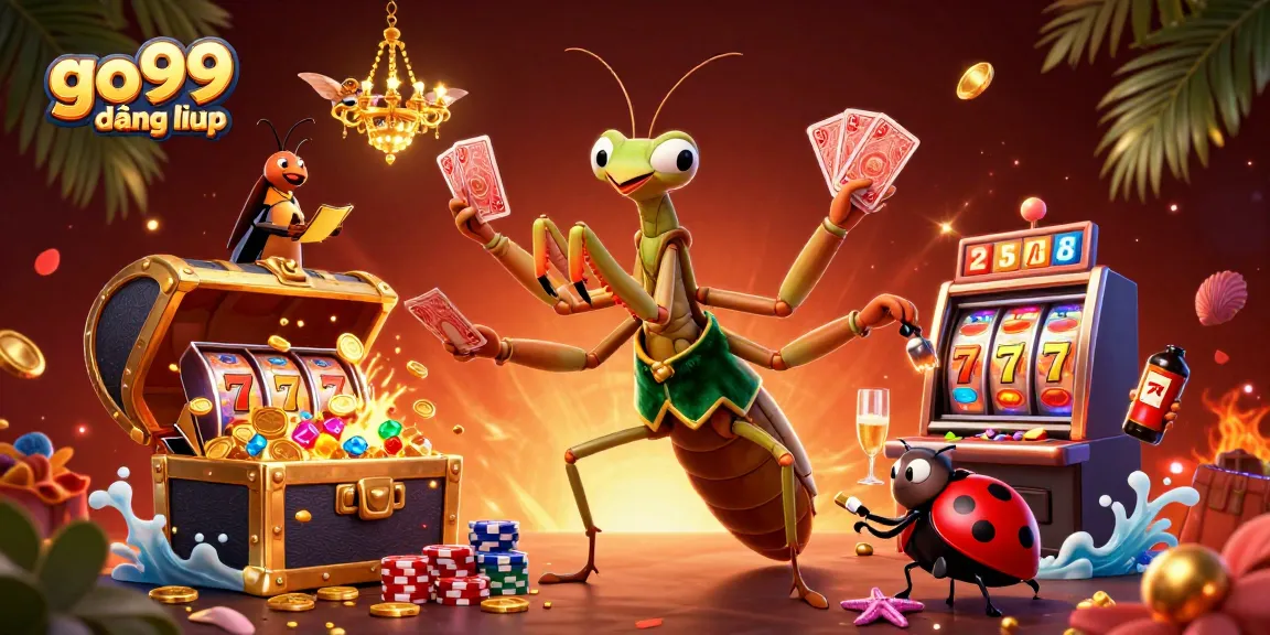 Colorful scene depicting go99 đăng nhập with a giant mantis card sharp and ladybug pit boss in a vibrant casino.