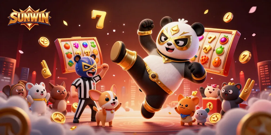 Action-packed scene with SUNWIN's lively characters engaging in casino games, showcasing excitement and fun.