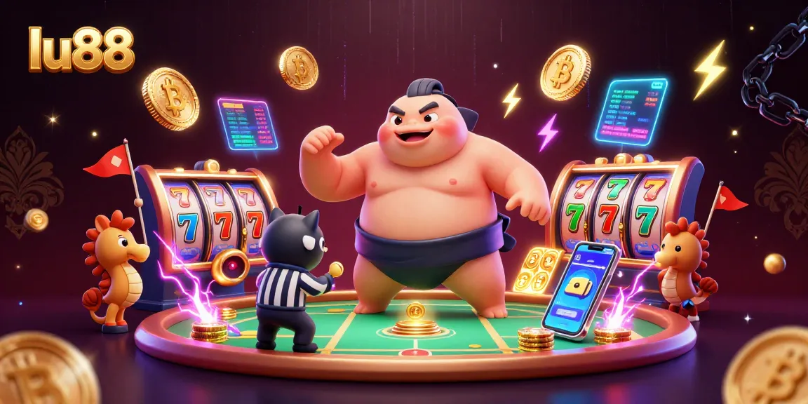 Play thrilling games at lu88 with vibrant slot reels and gold coins amidst colorful sea creatures.