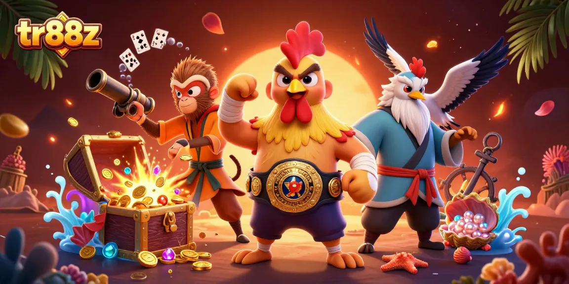 Create winning strategies at tr88z with a dynamic 3D casino scene showcasing a Muay Thai rooster, Shaolin monkey, and wise crane master surrounded by treasure elements.