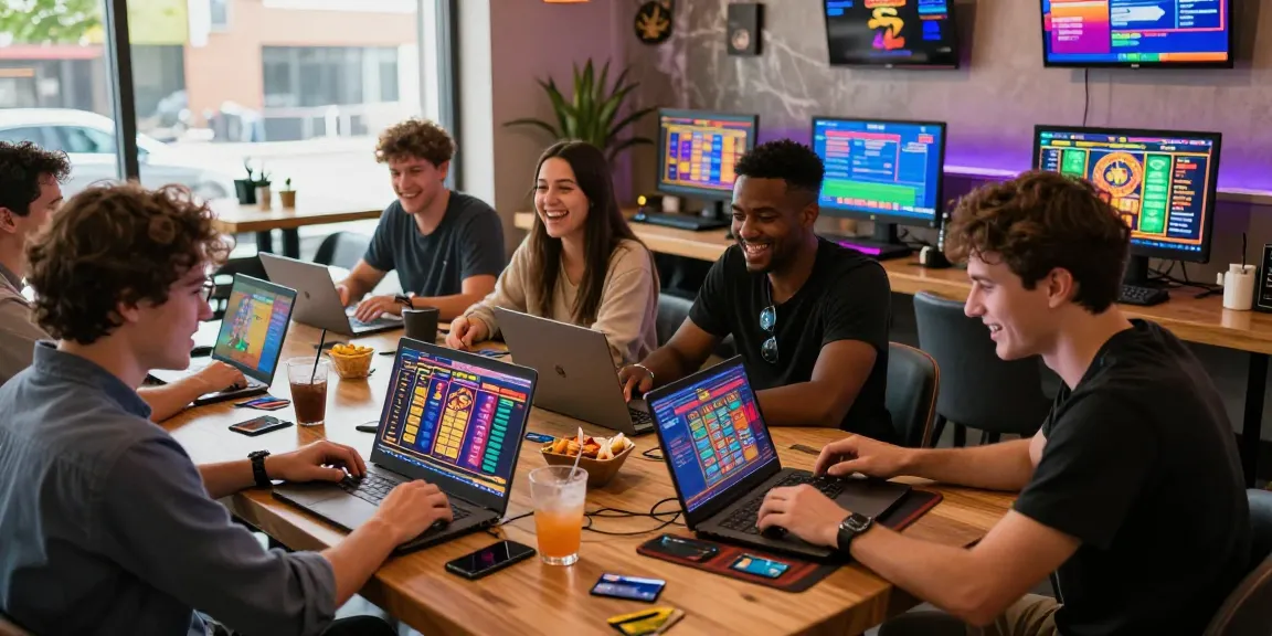 Engaging scene at a lively café with players using credit card casinos, highlighting the excitement of online gaming at https://being-there.org.uk/.