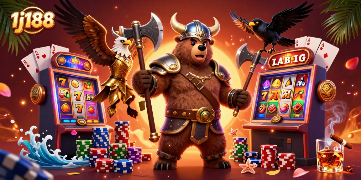 Spin and win at 1j188 with vibrant slot reels, golden Viking characters, and vivid casino action!