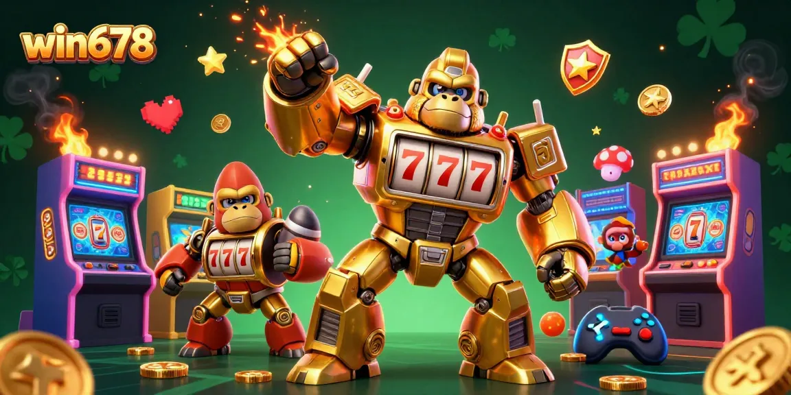 Experience the excitement of win678 with a dynamic 3D casino illustration featuring a golden gorilla mech.