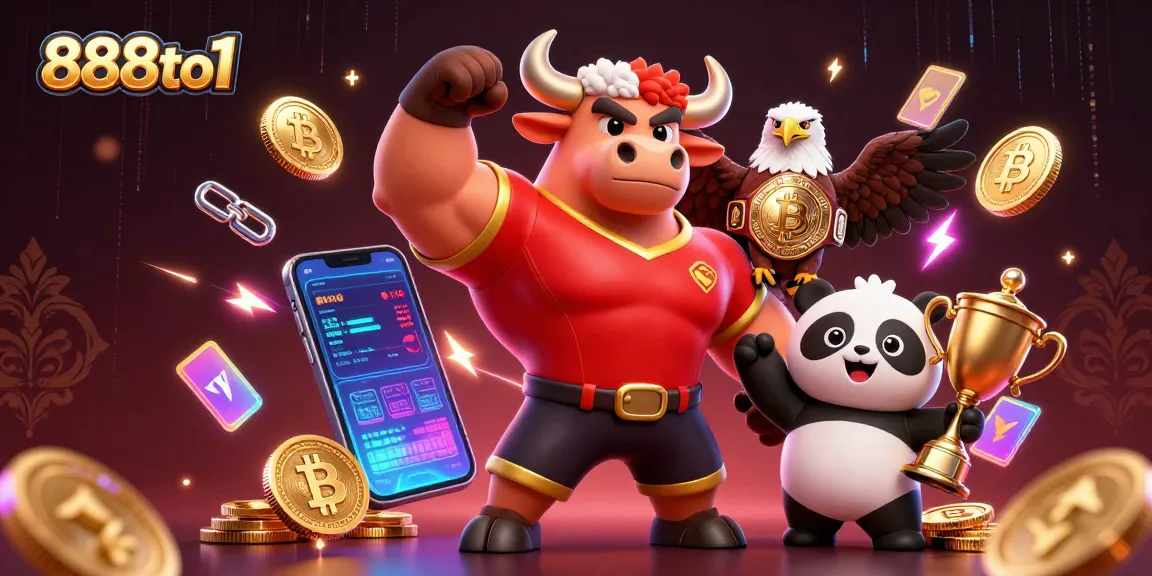 Bet on thrilling adventures with 888to1 featuring a festive 3D scene of champions and crypto elements.