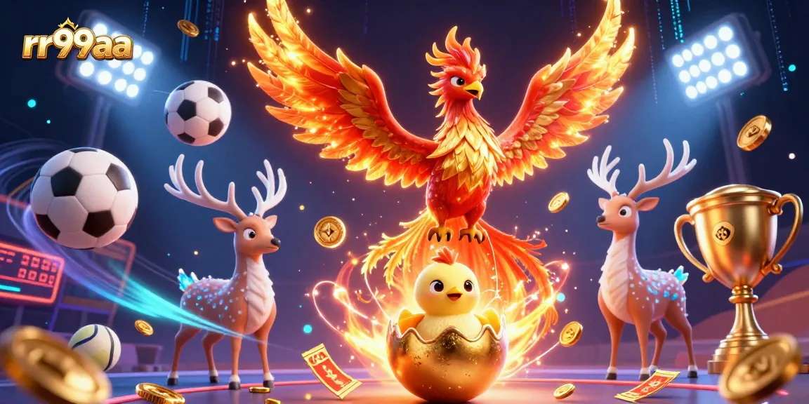Engage with rr99aa in this vibrant casino scene featuring dynamic sports elements and mythical beings.