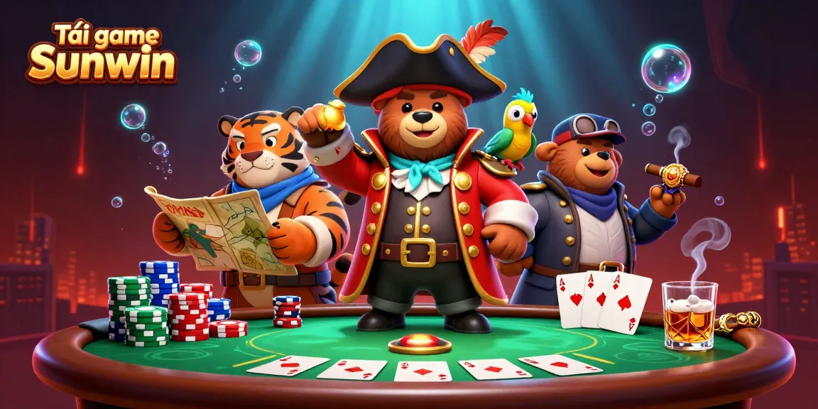 Tải game Sunwin with a detailed illustration of a pirate bear and tiger at a poker table.