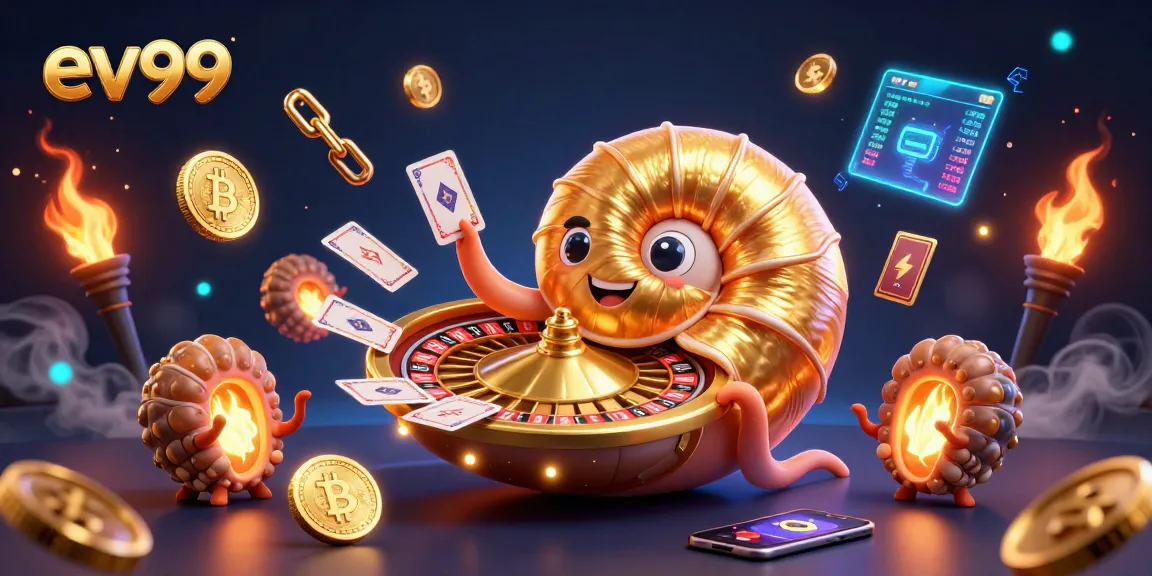 Engage with ev99's dynamic casino scene showcasing a nautilus roulette wheel and glowing crypto coins.
