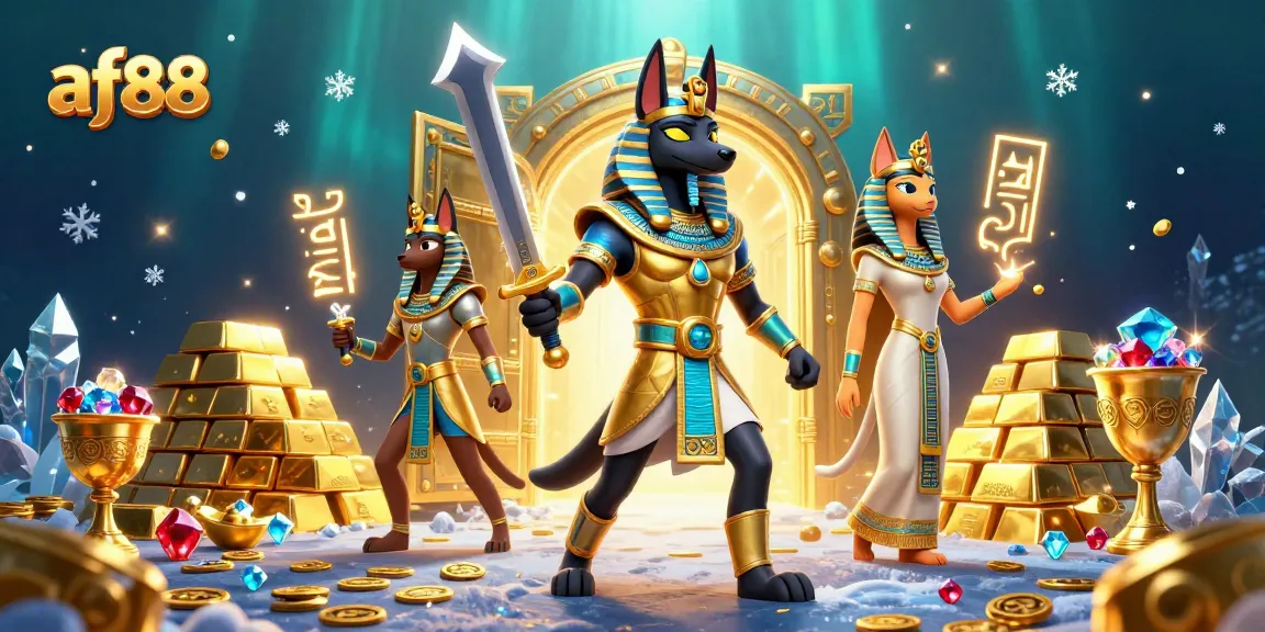 Win big at af88 with Anubis and Bastet amidst treasures in a captivating casino layout.