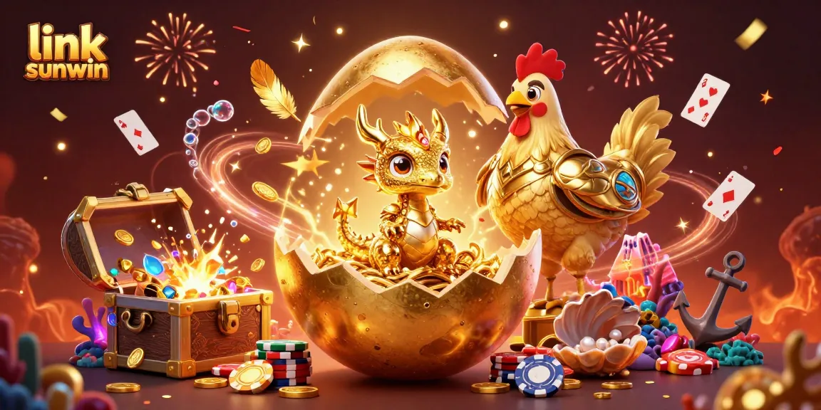 Engage with link sunwin through a vivid illustration of a golden dragon, poker chips, and celebratory elements.